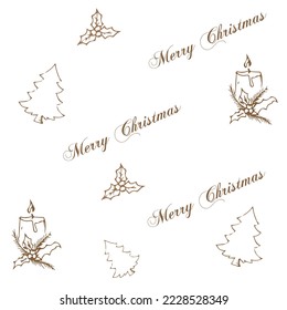 Universal seamless Christmas pattern with fir trees, candle and holly leaves for paper, fabric and textile