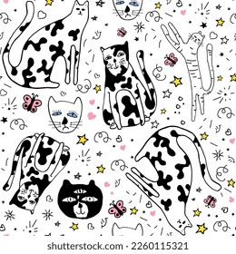 Universal Seamless cute Pattern With cats. Vector Background Composition For A Poster Design, Fabric Print, Wallpaper, Wrapping Paper.