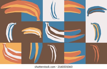 Universal Seamless Geometric Pattern With Banana Fruit Elements, Vegetable Shapes. Abstract Vector Background Composition For A Poster Design, Fabric Print, Wallpaper, Wrapping Paper.