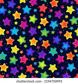 Universal Seamless Pattern of Colorful Rainbow Stars on Dark Backdrop for Celebratory Packaging, Pack Paper, Wrapping Paper. Bright Asymmetric Starry Continuous Background.