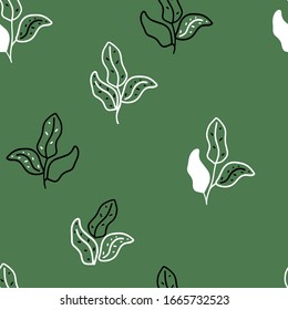 Universal seamless pattern of plant. Hand Drawn in cartoon style texture. Trendy vector design for banner, poster, card, cover, invitation, placard, brochure or header. Plants on green background.