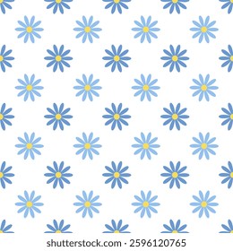 Universal seamless pattern, simple, cute, blue daisy flower. Hand drawn vector illustration. Children's print in soft pastel colors. Seamless pattern vector background. For fabrics, coatings, textiles