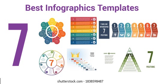 Universal set with 6 templates for 7 positions  Infographics. It can be use for workflow, banner, diagram, web design, timeline, area chart,number options 