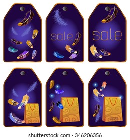 Universal set of tags for various goods. At the tags are located feathers and lettering sale.