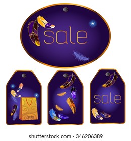 Universal set of tags for various goods. At the tags are located feathers and lettering sale.