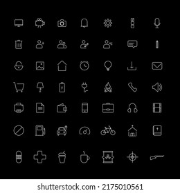  universal set of thin white icons on a black background (multimedia, medicine, fitness, family, transport, professions, travel, restaurant, hotel)
