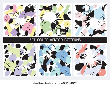 Universal set of vector patterns for the design of postcards, banners, signboards, covers, advertising, Journal. Abstract illustration for decoration. Colorful background. Memphis, retro style.