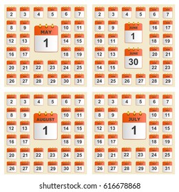 Universal set of wall calendar. The icons in red color. From May to August. The template is perfect for all your events, holidays, as a reminder etc. Vector illustration. Square location.