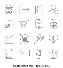Universal set for web and mobile: hacker, photo, note, atm and other. Icons set with editable stroke