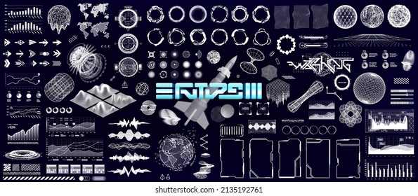 Universal shapes and Futuristic Elements HUD for UI, UX, GUI. Sci-fi elements with glitch effect. Cyberpunk and retrofuturistic concept. Vaporwave digital shapes and Modern HUD interface objects set