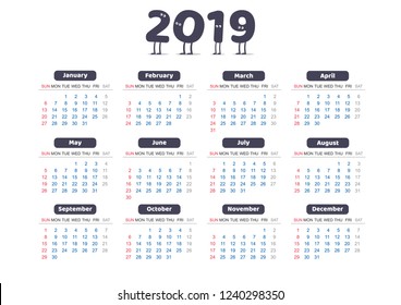Universal simple calendar of 2019 New Year with funny cartoon characters in the header. Weeks start on Sunday. Designed in 3 rows and 4 columns, horizontal orientation and isolated on white background