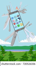 Universal smartphone in forest. A modern waterproof multi-instrument phone for active life full of adventure. Gadget for tourists, divers, rescuers, hunters, fishermen, military and survivors.