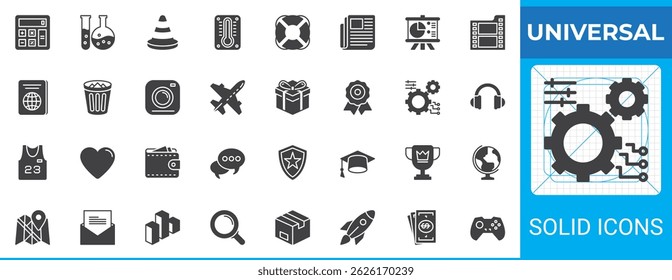 Universal solid glyph icon set. Vector symbol collection features icons like calculator, beaker, thermometer, lifebuoy, gears, passport, airplane, certificate, camera. Ideal for multipurpose apps