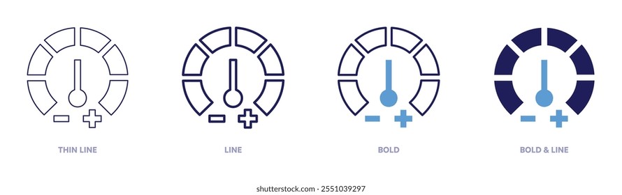 Universal speedometer icon in 4 different styles. Thin Line, Line, Bold, and Bold Line. Duotone style. Editable stroke.