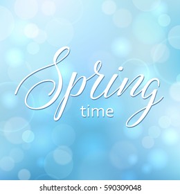 Universal spring blue abstract blurred background, bokeh with round lights and text. Vector illustration.