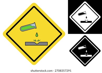 Símbolo universal para sustancias corrosivas, conjunto de señales de advertencia que indican peligros químicos y requisitos de seguridad para los lugares de trabajo
