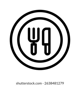 Universal symbol for food and dining. This clear black and white icon depicts a stylized fork and knife neatly placed within a circular frame.