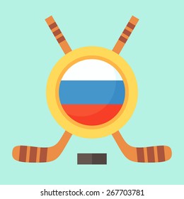 Universal symbol for international hockey tournament (championship, cup) in Russia. Emblem contains Russian flag and crossed hockey sticks.