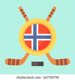 Universal symbol for international hockey tournament (championship, cup) in Norway. Emblem contains Norwegian flag and crossed hockey sticks.