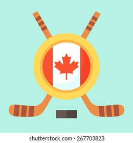 Universal symbol for international hockey tournament (championship, cup) in Canada. Emblem contains Canadian flag and crossed hockey sticks.