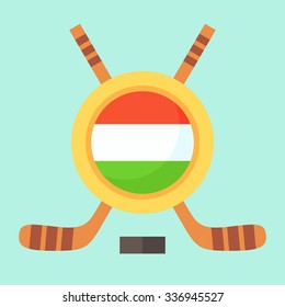 Universal symbol for international hockey tournament (championship, cup) in Hungary. Emblem contains Hungarian flag and crossed hockey sticks.
