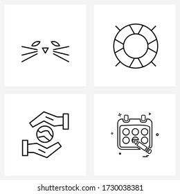 Universal Symbols of 4 Modern Line Icons of black cat; hands; boat steer; travel; protection Vector Illustration