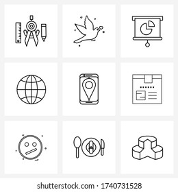 Universal Symbols of 9 Modern Line Icons of box; location; pie; map pointer; internet Vector Illustration