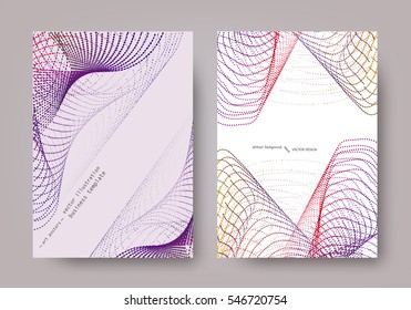 Universal template for covers, flyers, banners, posters and placards, presentations, books. Coloured filaments, loops and spirals on a light background. Set business cards. EPS10 vector. A4 Size 