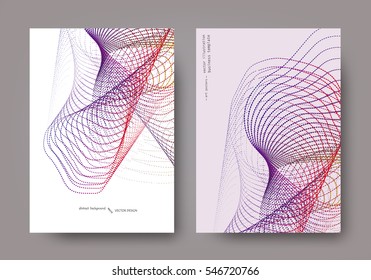 Universal template for covers, flyers, banners, posters and placards, presentations, books. Coloured filaments, loops and spirals on a light background. Set business cards. EPS10 vector. A4 Size 