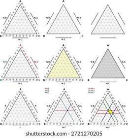 Ternäre universelle Diagrammschablone mit Achsenpfeilen und zwei Skalen. Ein professioneller Vektorsatz von universellen ternären Diagrammvorlagen, die als vielseitige Basis für die wissenschaftliche Datenauswertung konzipiert wurden. Verfügt über mehrere Layouts, einschließlich leerer Gitter, Achsenbeschriftungen mit Prozentwerten und Dezimalwerten sowie wesentliche Pfeile, die die Leserichtung entlang der Achsen angeben. Die Kollektion bietet schwarz-weiße und subtile Farbvarianten sowie Beispiele für punktförmige und regionale Datendarstellung. Perfekt zum Erstellen von benutzerdefinierten Phasendiagrammen, Bodentexturdiagrammen oder Plots der chemischen Zusammensetzung.