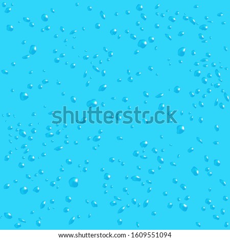 Universal texture of drops on cyan surface. Background with condensation of water on the wall. Rainy day view in blue tones
