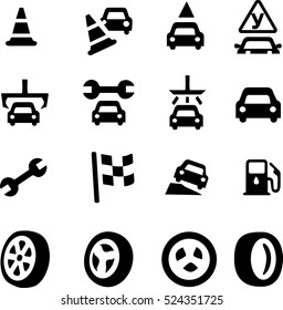 The universal thematic set of flat icons Auto tire service and driving instruction. Universal auto icons to use for web and mobile app. Black on a white background. Vector illustration.