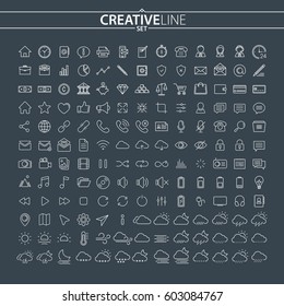 Universal thin icons set for Your Web design, Mobile design, Infographics, and other. Business and Finance, Contact Us, Multimedia, Weather, UI, UX