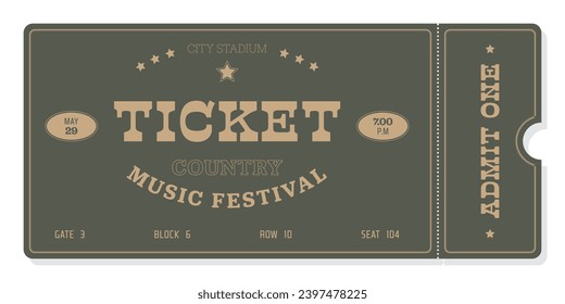 Universal ticket template in vintage style in dark green background. For concerts, festivals, parties, movies and other events. For web and printing.