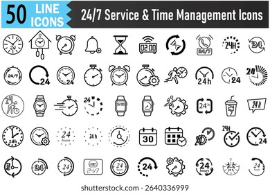 Universal Time Icons Collection: Clocks, Alarms, Stopwatches, Calendars, and 24 by 7 Service Symbols