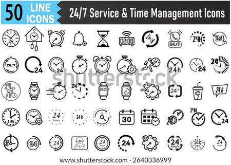 Universal Time Icons Collection: Clocks, Alarms, Stopwatches, Calendars, and 24 by 7 Service Symbols