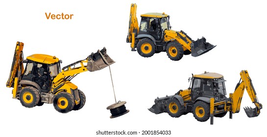 Universal tractor for earthmoving, handling, construction work with two buckets. Backhoe loader performing various types of work for industry and business. Set. Illustration. Vector, eps10.