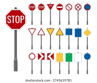 Universal traffic and road sign collection isolated on white background. Street signage on poles vector set for urban infrastructure projects, driver safety education, map wayfinding, and city planning illustrations