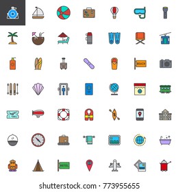 Universal travel filled outline icons set, line vector symbol collection, linear colorful pictogram pack. Signs, logo illustration, Set includes icons as globe, ticket, hotel booking, plane, baggage