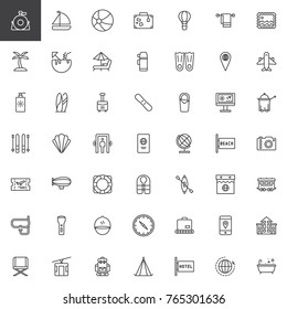 Universal travel line icons set, outline vector symbol collection, linear style pictogram pack. Signs, logo illustration. Set includes icons as passport, globe, ticket, hotel booking, plane, case
