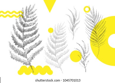 Universal trend dotty leaves set. Dotted bright bold elements composition. Plant elements in restrained sustained tempered pointillism style. For Design project Magazine Leaflet Billboard Ad