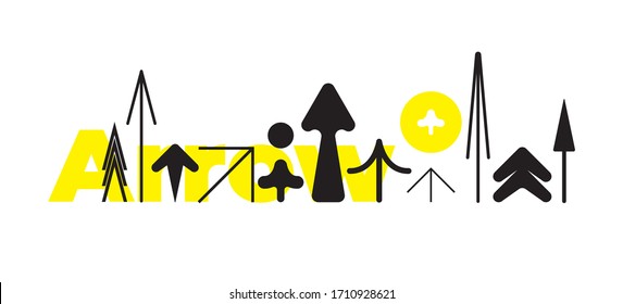 Universal trend geometric arrows set juxtaposed with bright bold yellow elements composition. Design elements for Magazine, leaflet, billboard, sale
