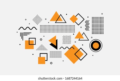 Universal trend geometric shapes set juxtaposed with bright bold orange elements composition. Design elements for Magazine, leaflet, billboard, sale. Design trend 2020.