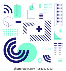 Universal trend geometric shapes set  with blue bright color elements composition. Design elements for Magazine, leaflet, billboard, sale, flyer, brochure, banner, web design, book
