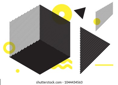 Universal trend halftone geometric shapes set juxtaposed with bright bold yellow elements composition. Design elements for Magazine, leaflet, billboard, sale