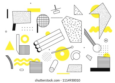 Universal trend halftone geometric shapes set juxtaposed with bright bold yellow elements composition. Design elements for Magazine, leaflet, billboard, sale
