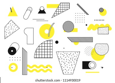 Universal trend halftone geometric shapes set juxtaposed with bright bold yellow elements composition. Design elements for Magazine, leaflet, billboard, sale