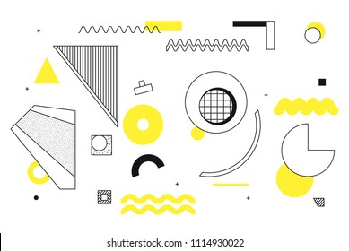 Universal trend halftone geometric shapes set juxtaposed with bright bold yellow elements composition. Design elements for Magazine, leaflet, billboard, sale