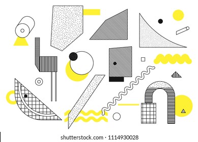 Universal trend halftone geometric shapes set juxtaposed with bright bold yellow elements composition. Design elements for Magazine, leaflet, billboard, sale