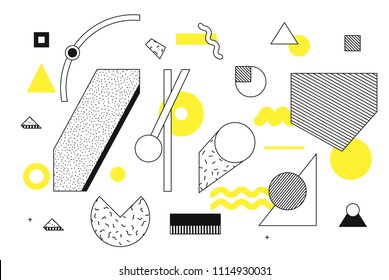 Universal trend halftone geometric shapes set juxtaposed with bright bold yellow elements composition. Design elements for Magazine, leaflet, billboard, sale